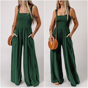 Smocked Sleeveless Wide Leg Pocket Jumpsuit